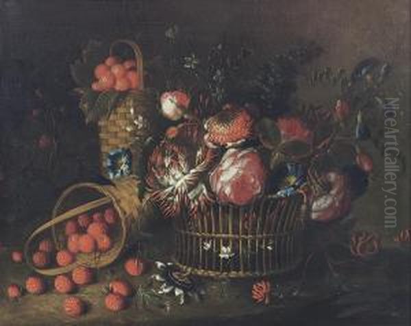 Roses, Violets And Other Flowers
 In A Basket, A Basket Ofstrawberries And A Laying Basket With 
Raspberries Oil Painting by Pieter Hardime