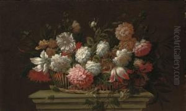 Carnations, Chrysanthemums, 
Roses, A Parrot Tulip And Other Flowers In A Basket On A Ledge Oil Painting by Pieter Hardime