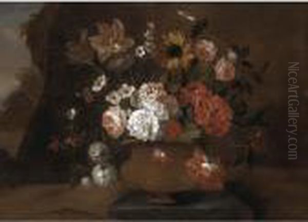 Still Life With Tulips, Morning 
Glory, Honeysuckle, And Other Flowers In A Bronze Urn In A Landscape Oil Painting by Pieter Hardime