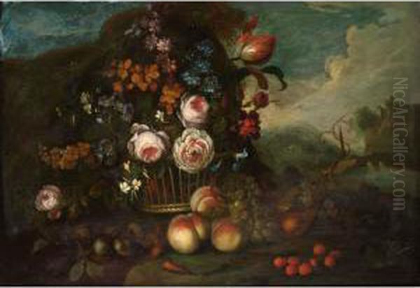 A Still Life With Roses, A Tulip
 And Other Flowers In A Basket, Peaches, Grapes And Strawberries In 
Front, In A Landscape Oil Painting by Pieter Hardime
