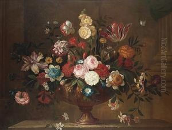 Tulips, Carnations, Roses, 
Honeysuckle And Morning Glory In A Bronze Urn On A Stone Ledge Oil Painting by Pieter Hardime