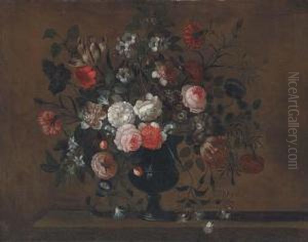 Parrot Tulips, Roses, Morning 
Glory, Chrysanthemums And Otherflowers In A Vase On A Ledge Oil Painting by Pieter Hardime