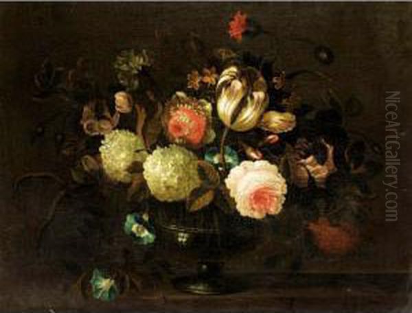 Still Life With A Tulip, Roses, 
Carnations, Morning Glory And Other Flowers In A Glass Vase On A Stone 
Ledge Oil Painting by Pieter Hardime