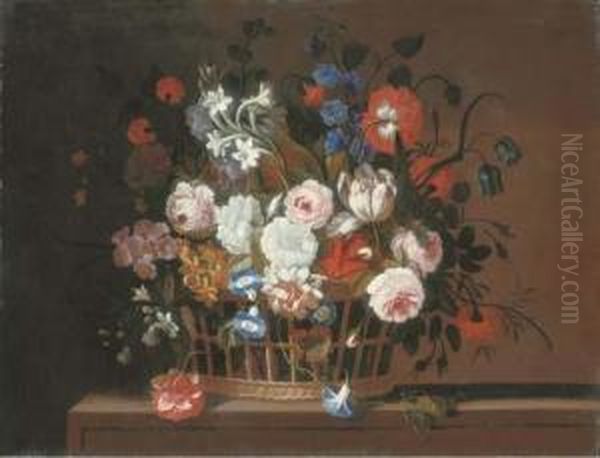 Roses, Tulips, Morning Glory, 
Carnations, Delphinium, Primrose, Narcissi And Other Flowers In A Basket
 On A Stone Ledge Oil Painting by Pieter Hardime