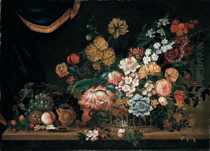 A Still Life Of Flowers And 
Fruit In A Basket, All Resting Upon A Table, A Draped Curtain Beyond Oil Painting by Pieter Hardime