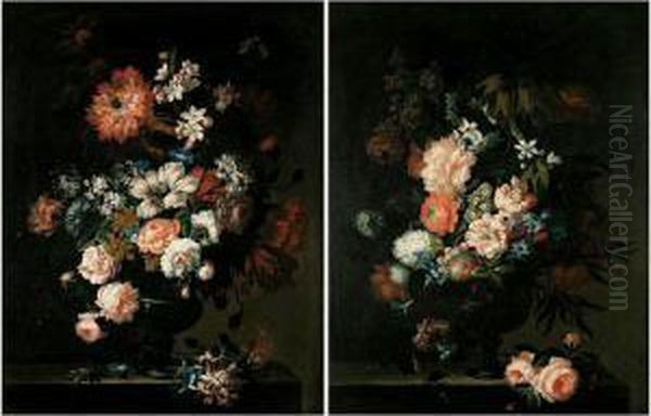 Still Lifes Of Roses, Tulips, 
Convolvuli, Chrysenthamums, Hyacinths, Peonies And Other Flowers In 
Glass Vases, Both Set Upon Stone Pedestals Oil Painting by Pieter Hardime