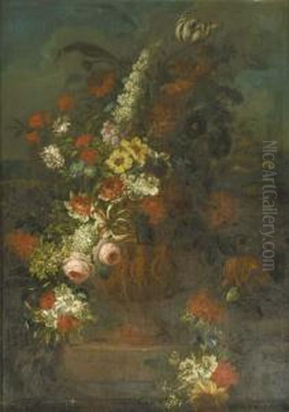 Roses, Tulips, Carnations And 
Other Flowers In A Sculpted Vase Decorated With Putti On A Stone Ledge 
In A Landscape - A Chimney Piece Oil Painting by Pieter Hardime