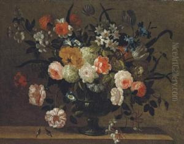 Roses, Carnations, Morning 
Glory, Bluebells, Honeysuckle And Other Flowers In A Classical Urn On A 
Stone Ledge Oil Painting by Simon Hardime