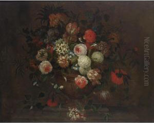 A Still Life With Roses, 
Daffodils, Snowballs, An Imperial Crown, Tulips, Morning Glory, 
Honeysuckle And Other Flowers, All In A Earthenware Vase On A Stone 
Ledge Together With A Butterfly Oil Painting by Simon Hardime