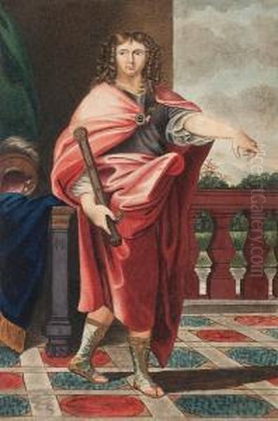 A Roman General, Standing On 
Tiled Balcony, Wearing Red Robes Over Armoured Breast Plate And Sandals,
 He Holds A Sword, A Blue Cape, Helmet And Green Curtain To The Left Oil Painting by George Perfect Harding