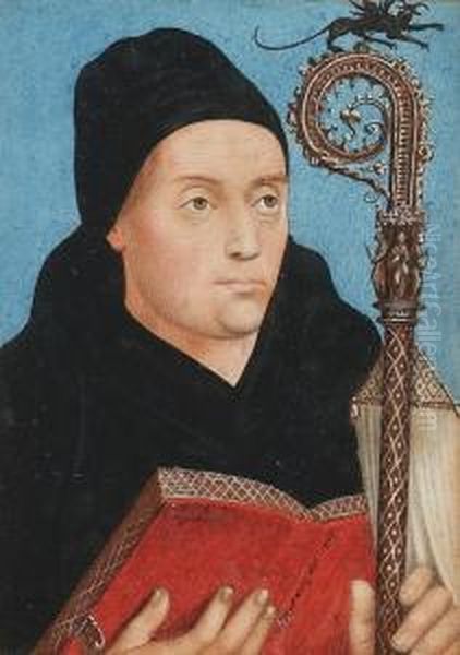 A Medieval Bishop, Wearing Black
 Robes And Cap, He Holds A Red Book And Ornately Carved Staff Topped 
With Dragon Oil Painting by George Perfect Harding