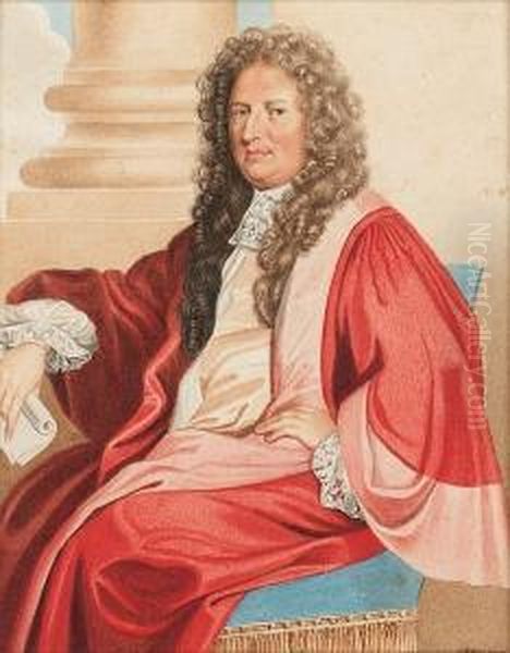 Dr Herbert Plot, Seated On A 
Blue Upholstered Chair, Wearing Crimson And Pink Robes, White Lace Cuffs
 And Jabot, He Holds A Scroll Of Paper Oil Painting by George Perfect Harding