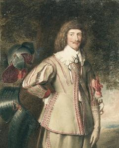 A Cavalier Of The Mid-17th 
Century, Wearing Buff-coloured Jerkin, Slashed To Reveal Cream Shirt 
With Wide Collar, His Armour In A Tree At His Side, Landscape Background Oil Painting by George Perfect Harding