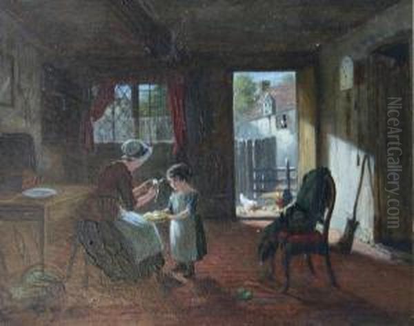 Woman Peeling Apples Seated Upon
 A Stool, A Young Child Holding A Bowl Before Her, Chickens In A Yard In
 Background Oil Painting by James Hardy