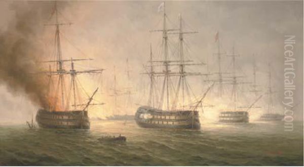 A Navel Skirmish Oil Painting by James Hardy