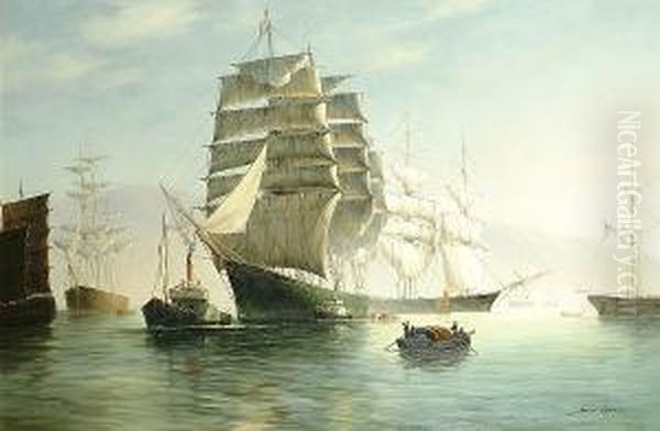 Tall Ships And A Chinese Junk In A Harbour Oil Painting by James Hardy