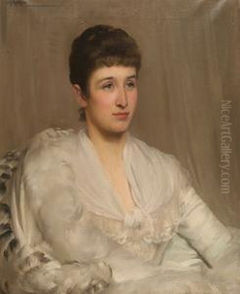 Portrait Of A Young Lady, Half 
Length, Her Dark Hair Pulled Back And Wearing A White Gauze Gown And 
Feather Boa Oil Painting by Saint George Hare