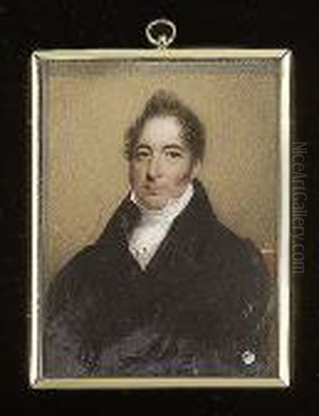 A Gentleman, Seated In A Red 
Upholstered Chair, Wearing Black Coat, White Stock And Shirt With 
Jewelled Tie-pin Oil Painting by Hargreaves, Thomas