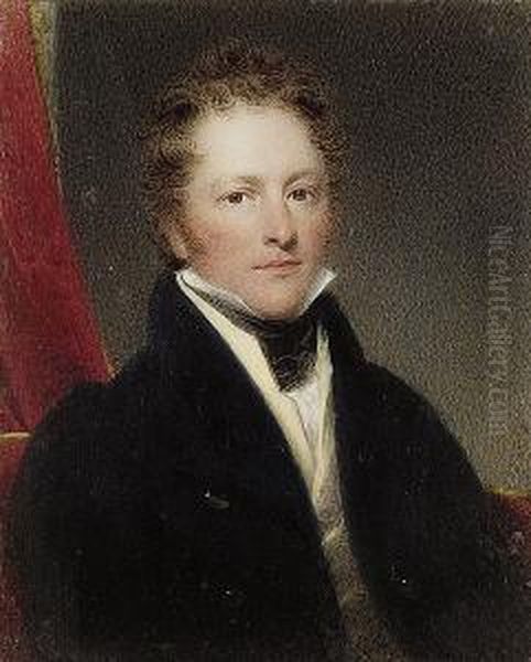 A Gentleman, Seated In A Red 
Upholstered Chair, Wearing Black Coat, Cream Waistcoat, White Chemise 
And Black Stock, Red Curtain Background Oil Painting by Hargreaves, Thomas
