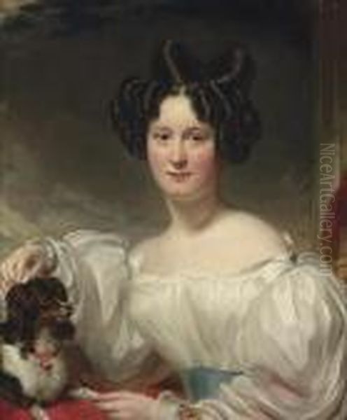 Portrait Of Mary Aston Walker, 
Nee Hoggart (b.1809), Half-length,in A White Dress, With A King Charles 
Spaniel Oil Painting by George Henry Harlow