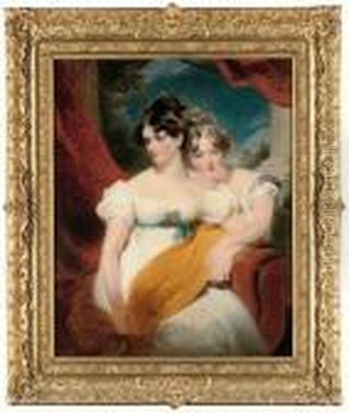 Double Portrait Of Marianne Anna
 Maria Gooch (d. 1855) And Charlotte Matilda Gooch (d. 1852), 
Three-quarter-length, One Seated In A White Dress With A Blue Sash And A
 Yellow Shawl Across Her Lap, The Other Kneeling Beside In A White 
Dress, A Red C Oil Painting by George Henry Harlow