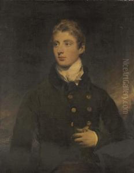 Portrait Of A Gentleman, A 
Member Of The Wellesley Family, Half-length, In A Black Coat And Holding
 A Glove In His Left Hand, Before A Coastal Scene Oil Painting by George Henry Harlow