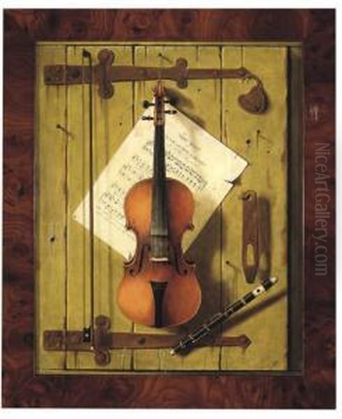 Trompe L'oeil
 With A Violin And Bow, A Piccolo, A Sheet Of Music And Other Objects Pinned To A Wooden Door Oil Painting by William Michael Harnett