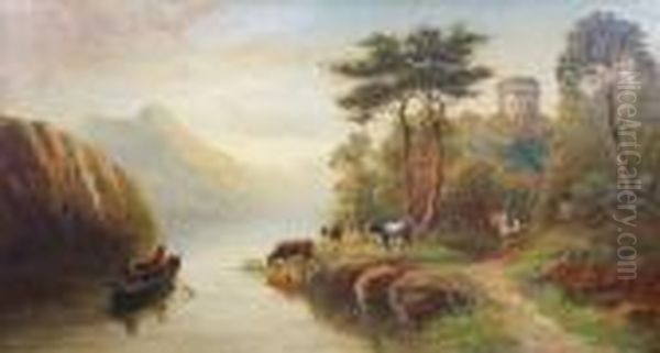 A Cowherd Watchinghis Cattle 
Watering And A Man In A Rowing Boat Within A Mountainousriver Landscape 
With Castle Ruin Oil Painting by Henry Harris