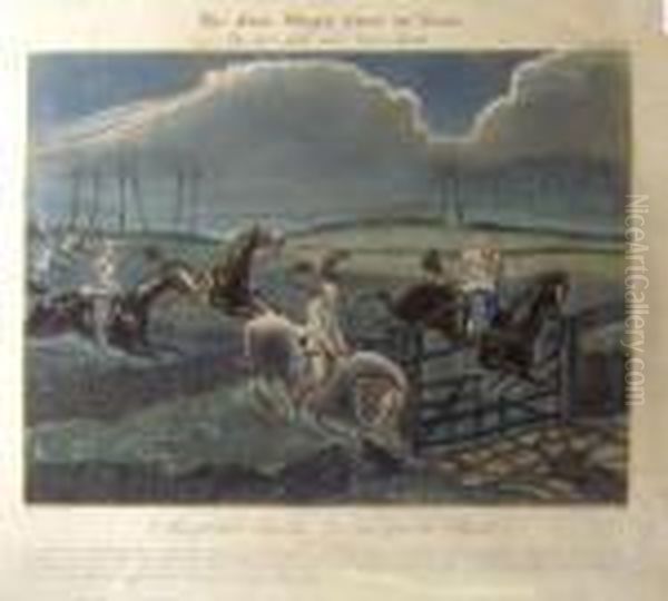 After Henry Alken, Six Plates, 
'the First Steeple Chase On Record', Handcoloured Engraving, 36cm X 
42cm, Framed Oil Painting by John Ii Harris