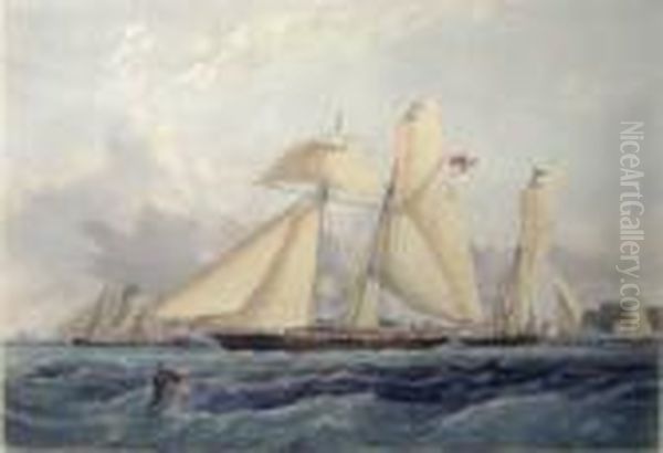After Thomas Sewell Robins , 
'xarifa, Yachting, Scene Off Cowes, Isle Of Wight', Handcoloured 
Engraving, 43cm X 53cm, Framed Oil Painting by John Ii Harris