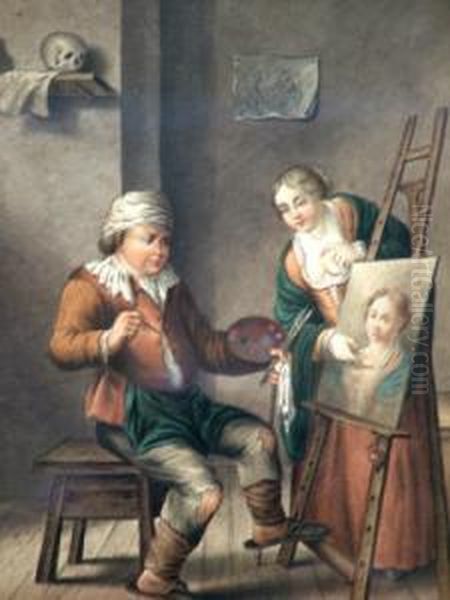 Jnr., -- The Impoverished Artist
 In A Garret; Watercolour, Signed, In A Pierced Carved Hardwood Frame, 
14x18cm Oil Painting by John Ii Harris