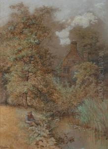 Figure By A Stream Oil Painting by Charles Harmony Harrison