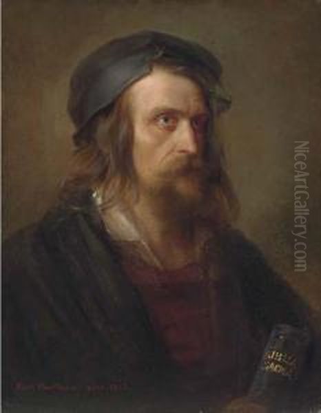 Portrait Of A Bearded Gentleman,
 Wearing A Cap, Black Cloak And Redshirt, Holding A Bible Oil Painting by Karl Hartmann