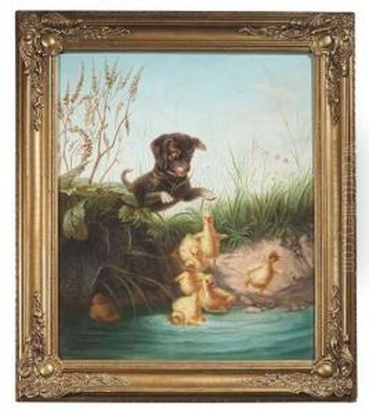 A Young Dog Is Hunting Poults Oil Painting by Ludwig Hartmann