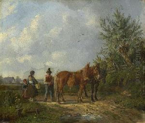 Bauernfamilie Mit Zwei Pferden Auf
 Dem Feldweg. Oil Painting by Ludwig Hartmann