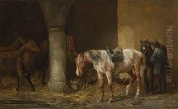 Bauer Mit Pferden Im
 Stall. Oil Painting by Ludwig Hartmann
