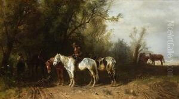 Bauern Mit Pferden Am
 Waldrand. Oil Painting by Ludwig Hartmann