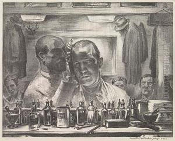 Two Lithographs
Untitled (self-portrait In Barber Shop) Oil Painting by George Kenneth Hartwell