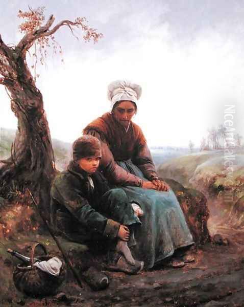 Peasant woman and boy, 1846 Oil Painting by Adolphe-Felix Cals