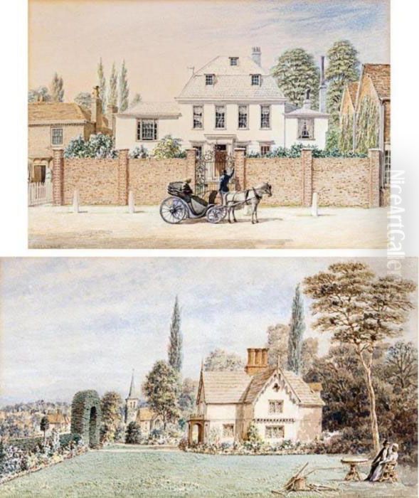 Figures In The Garden Of 
Buckskin Hall, Chalk Lane, Cockfosters; A Carriage By The Gates Of Eagle
 Hall, Southgate High Street Oil Painting by George Harvey