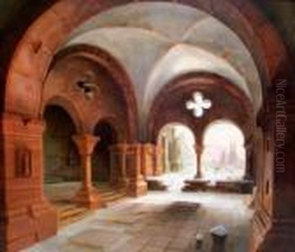 Blick Durch Einen Kreuzgang Auf 
Einen Friedhof Und Einer Zweiturmigen Kathedrale Im Winter Oil Painting by Carl Georg Adolph Hasenpflug