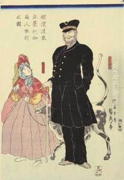 Yokohama Torai Amerika Shonin 
Ryoko No Zu (picture Of An American Merchant Visiting Yokohama) Oil Painting by Sadahide Hashimoto