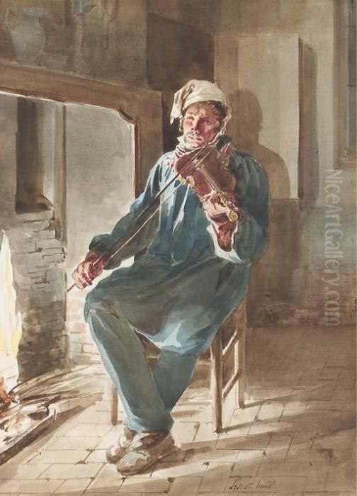 Un Homme Assis Jouant Du Violon Devant Une Cheminee Oil Painting by Antoinette Cecile Hortense Lescot Haudebourt