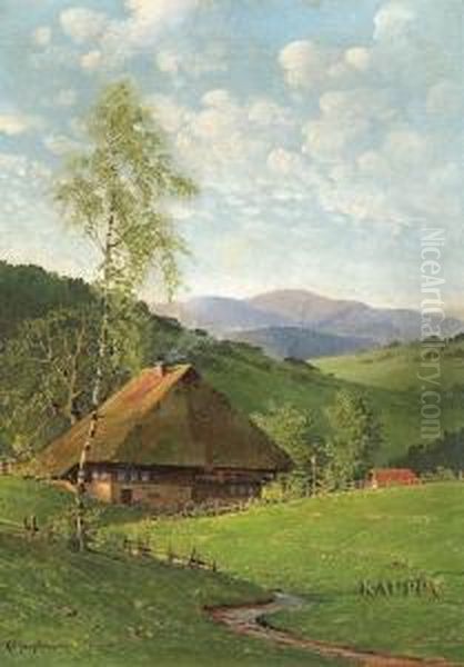 Idyllische Sommerliche 
Schwarzwaldlandschaft Mit Kleinem Bachlauf Sowie Strohgedecktem 
Bauernhaus Oil Painting by Karl Hauptmann
