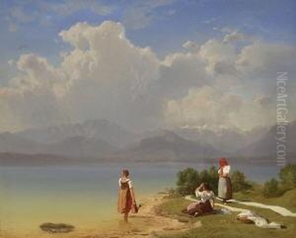 Junge Bauerinnen Beim
 Waschebleichen Am Ufer Des Chiemsees. Oil Painting by Maximilian Haushofer