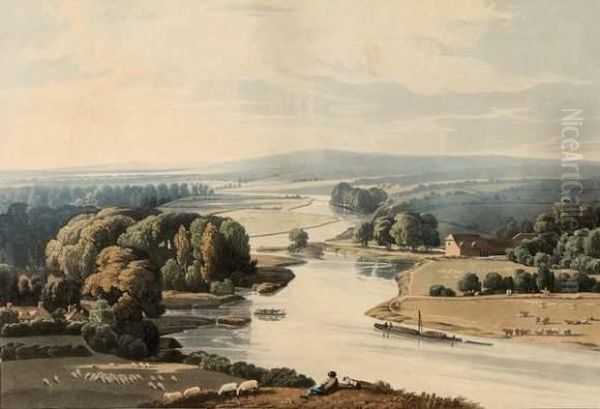 Vues De La Campagne Anglaise : 
Windsor Castle ; View Of The Thames At Strealey ; Abingdon Bridge & 
Church ; Caversham Bridge Near Reading. Oil Painting by William Havell