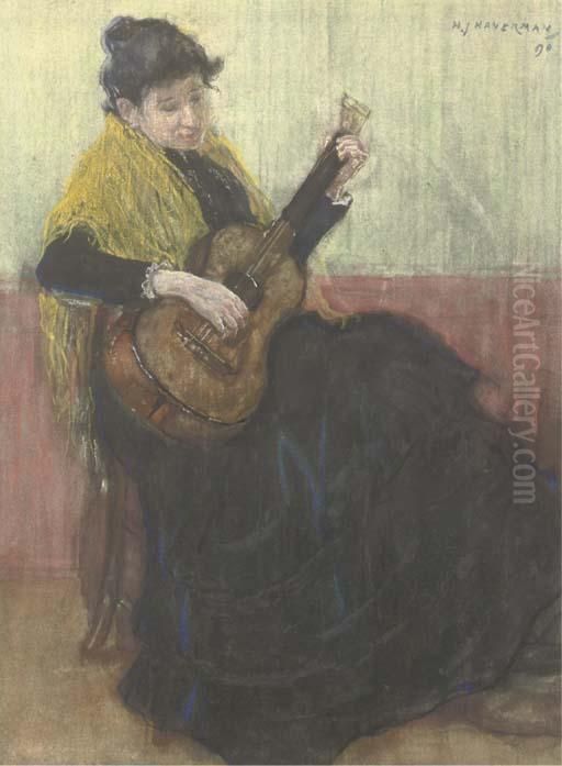 Playing The Guitar Oil Painting by Hendrik Johannes Haverman