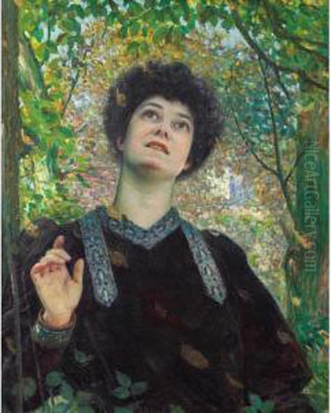 Portrait De Femme Regardant Vers
 Le Haut [, Portrait Of A Woman Looking Up, Oil On Canvas, Signed] Oil Painting by Louis Welden Hawkins