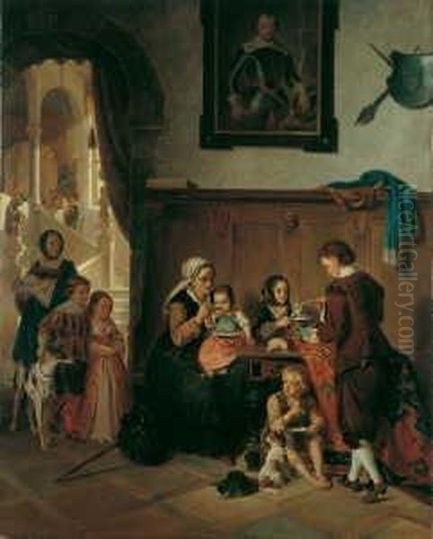 Die Speisung Der Armen Familie. 
Signiert Und Datiert Unten Links: J. Haier/wien 1876. Ol Auf Leinwand 
(doubliert). H 115; B 93 Cm. Oil Painting by Joseph Hayer
