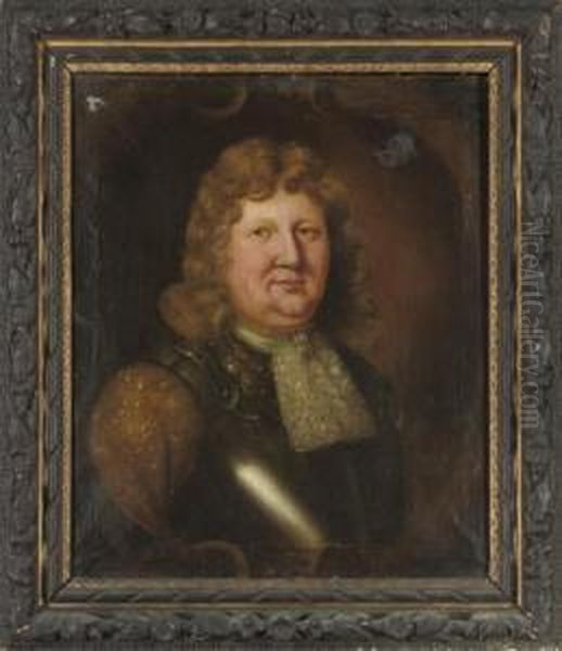 Portrait Of A Gentleman, 
Bust-length, In Armour With A Lace Cravat, In A Sculpted Cartouche Oil Painting by John Hayls